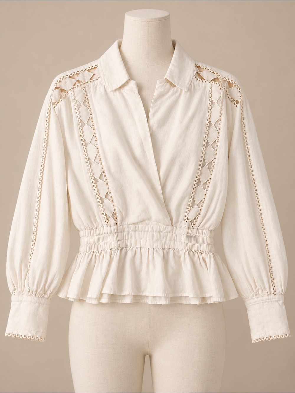 Happy x Nature by Kate Hudson White Ivory Linen Eyelet Lace Peplum Blouse Boho M